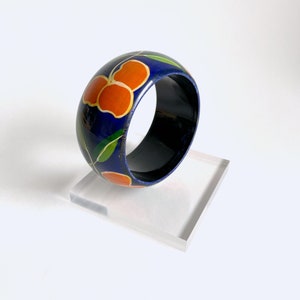 Wood Hand Painted Bracelet Bangle. Dark Blue. Orange Flowers. image 3