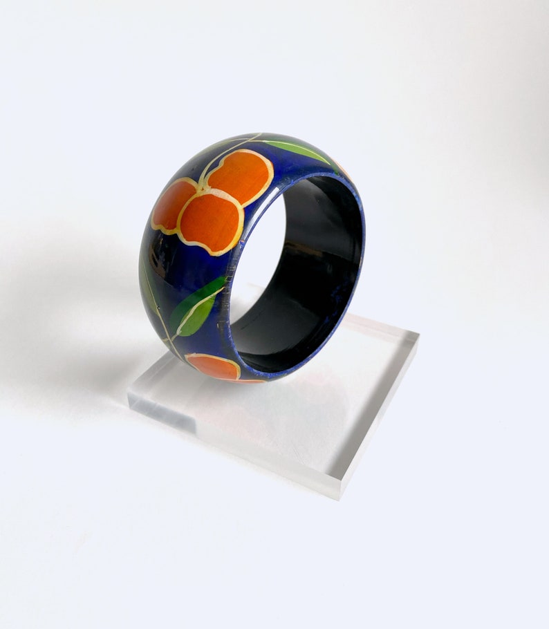 Wood Hand Painted Bracelet Bangle. Dark Blue. Orange Flowers. image 3