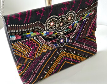 Black Embroidery Beaded Black Clutch. Boho style.