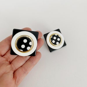Statement Acrylic Round Square Earrings. Black and White Polka dots. 1980's. image 2