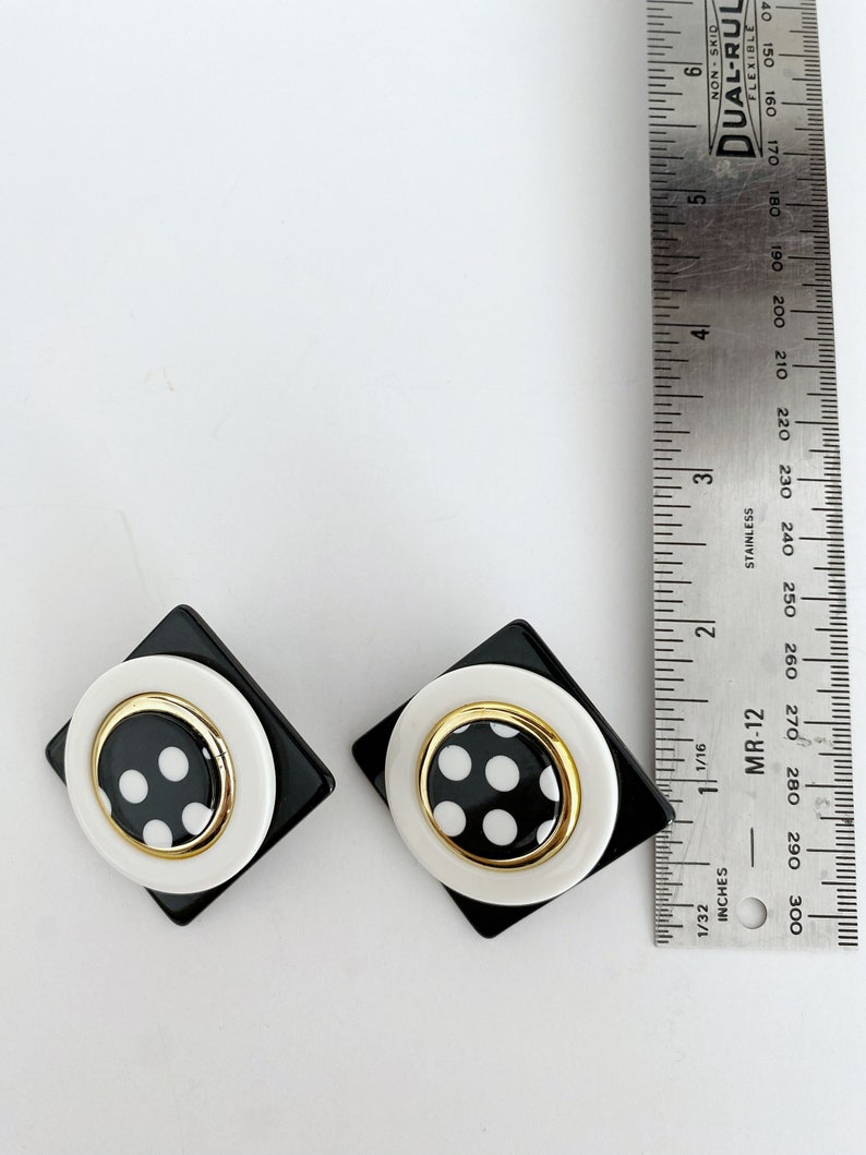 Statement Acrylic Round Square Earrings. Black and White Polka dots. 1980's. image 5