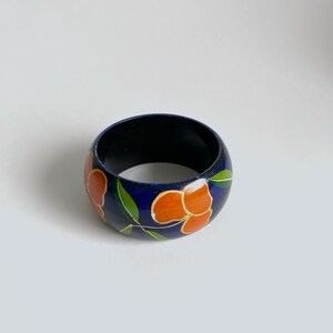Wood Hand Painted Bracelet Bangle. Dark Blue. Orange Flowers. image 4