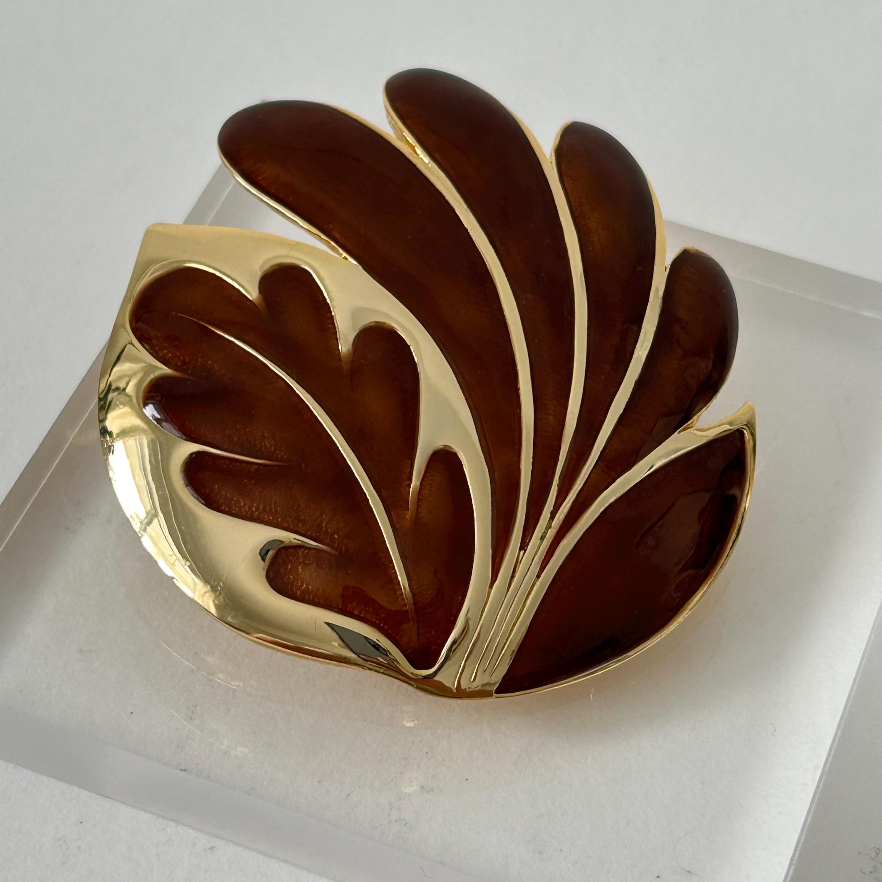 Broche Vintage Orena Paris En Or Et émail - Motif Vague Feuille, Occasion Bon état