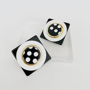 Statement Acrylic Round Square Earrings. Black and White Polka dots. 1980's. image 1