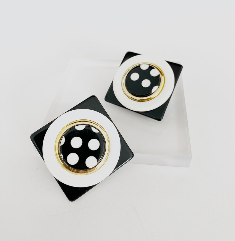 Statement Acrylic Round Square Earrings. Black and White Polka dots. 1980's. image 1