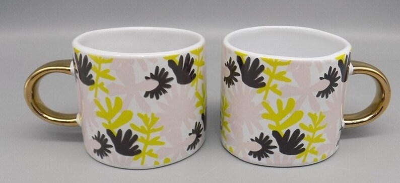 2 New Fringe Studio Floral Mugs w/ Gold Handles Anthropologie Pink Green w/ Tags image 1