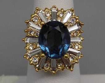 Vintage ESPO Diamonique Cocktail Ring: 14K GE Sapphire Starburst
