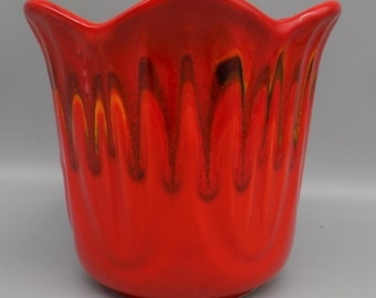 Vtg California Pottery Tulip Planter Flame Red Drip Glaze MCM USA 60's 6" Pot