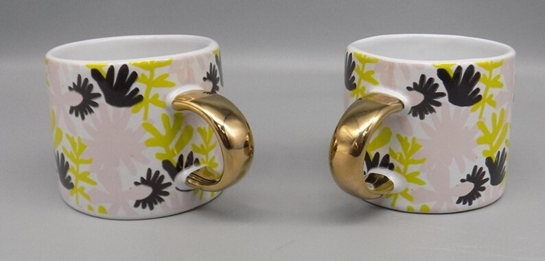 2 New Fringe Studio Floral Mugs w/ Gold Handles Anthropologie Pink Green w/ Tags image 3