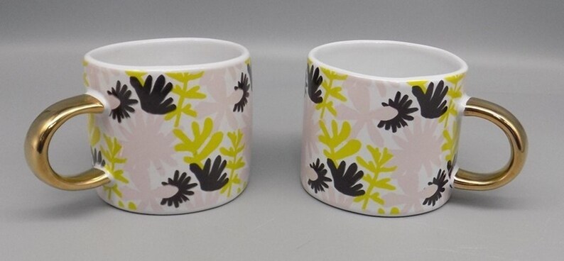 2 New Fringe Studio Floral Mugs w/ Gold Handles Anthropologie Pink Green w/ Tags image 2