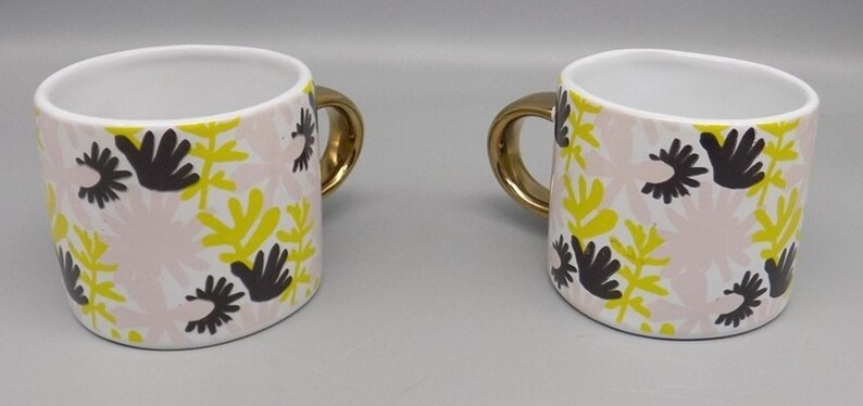 2 New Fringe Studio Floral Mugs w/ Gold Handles Anthropologie Pink Green w/ Tags image 7