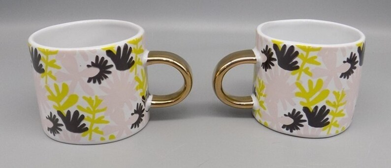 2 New Fringe Studio Floral Mugs w/ Gold Handles Anthropologie Pink Green w/ Tags image 4