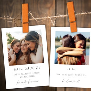 Photo card for bridesmaid invitation, printable template. Modern minimalistic card for gifting and collecting.