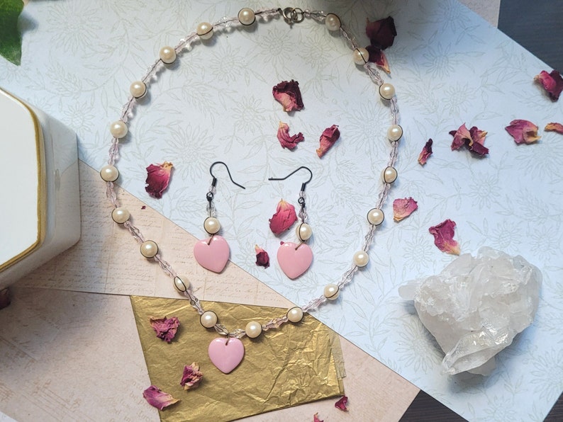 Pink and White Faux Pearl Heart Pendant Set, Wedding Anniversary Gift for Her, One of shops a Kind Handmade Necklace and Earrings Set, Reclaimed