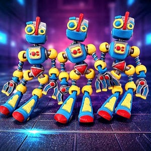 May include: Three colorful toy robots with blue, yellow, and red accents. Each robot has a blue head with yellow eyes, a yellow torso, and articulated limbs. The robots are posed on a textured surface, creating a playful and engaging scene.
