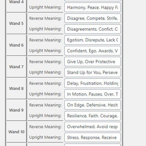 May include: A table with a list of tarot card meanings for the Wand suit. The table includes the card number, upright meaning, and reversed meaning for each card.