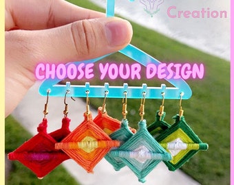 Handmade Threaded Earrings, Colorful Boho Dangle Earrings, Lightweight Statement Jewelry, Unique Gift for Her, Red, Orange, Blue, Green