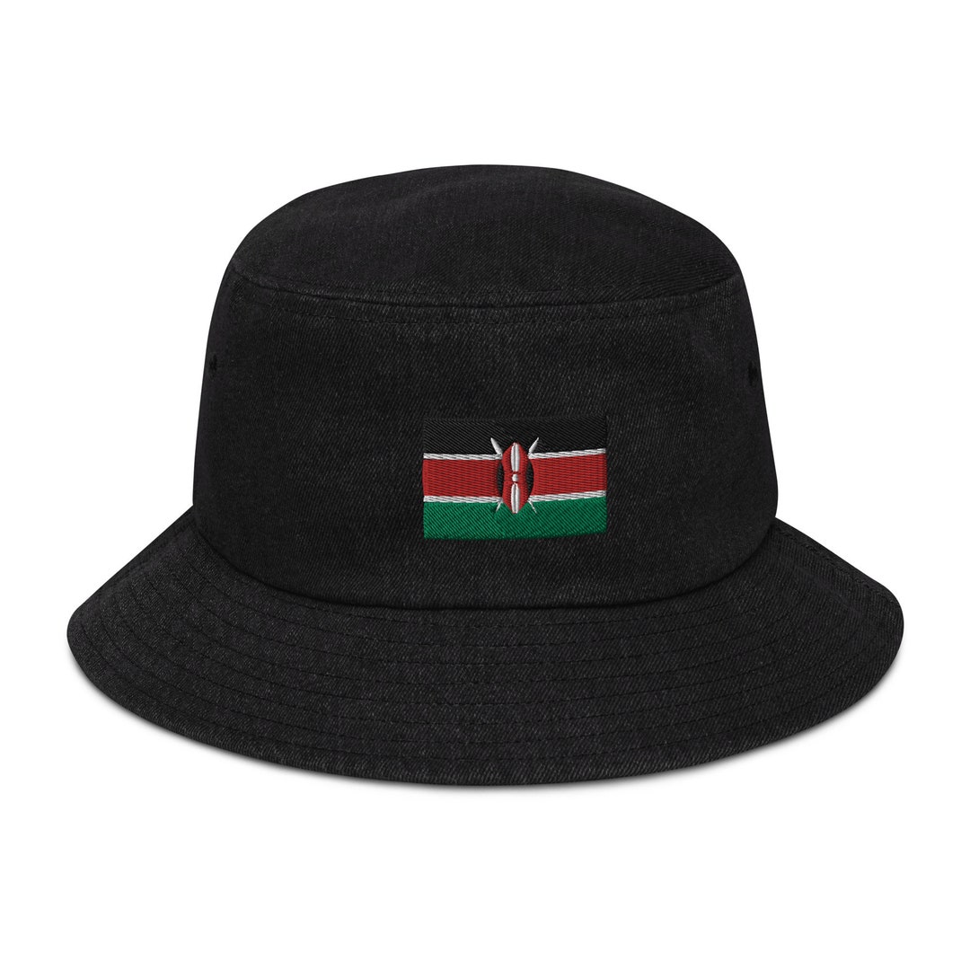 Kenyan Denim Bucket Hat, Kenya Hat, Embroidered Hat, Kenyan Flag, East