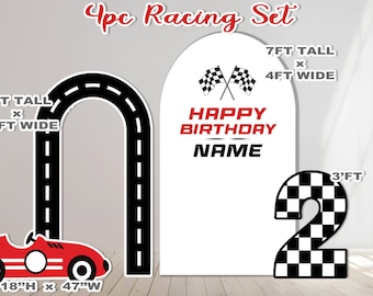 May include: A racing-themed birthday party backdrop set with a black and white checkered number 2, a black and white checkered finish line, and a red race car. The backdrop is white with the text "Happy Birthday NAME" and the dimensions are 7 feet tall by 4 feet wide. The finish line is 6 feet tall by 3.5 feet wide. The race car is 18 inches tall by 47 inches wide.