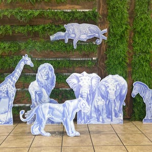 Yard cards decor, Lawn Decor, UV printed, coroplast cutouts party decorations: Blue Safari Toile Animals, Blue Toile safari Party Props