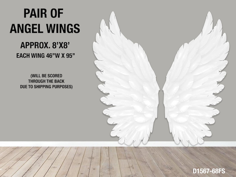 May include: A pair of large, white angel wings, each wing approximately 117 cm wide by 241 cm high. The wings are set against a grey background. Text reads "PAIR OF ANGEL WINGS" and "APPROX. 8'X8'".