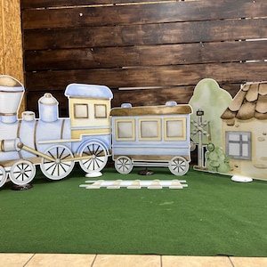 Yard cards decor, Lawn Decor, UV printed, coroplast cutouts party decorations: Train Set Yard cards FS