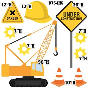 May include: A set of construction themed party decorations, including a yellow hard hat, a yellow crane, a yellow sign that says "UNDER CONSTRUCTION", and a yellow triangle with a black X and the word "DANGER".