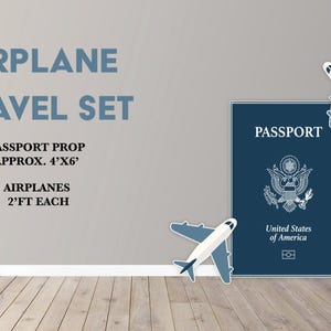 Party Panel decor, UV printed, coroplast cutouts party decorations: Travel Party Decorations, Passport cutouts, airplane travel Party Props