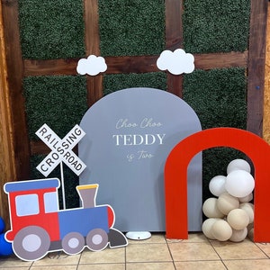 Yard cards decor, Lawn Decor, UV printed, coroplast cutouts party decorations: Custom Name Train Theme Backdrop Panel Set about 4 ft tall.