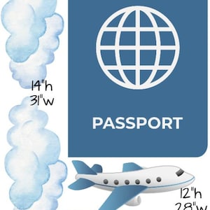 Party Panel decor, UV printed, coroplast cutouts party decorations: Travel Party Decorations, Passport cutouts, airplane travel Party Props