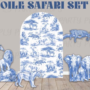 Backdrop Panel Safari, Lawn Decor, UV printed, coroplast cutouts party decorations: Blue Safari Toile Animals, Blue Toile safari Party Props