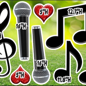 May include: A set of black vinyl music note and treble clef cutouts with red glitter hearts. The music notes are 11.8 inches tall and 12.7 inches tall. The treble clef is 20.9 inches tall. The hearts are 5 inches tall and 7.8 inches tall.