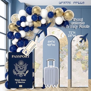 Party Panel decor, UV printed, coroplast cutouts party decorations: Travel Party Decorations, Passport cutouts, airplane travel HOLLOW ARCH