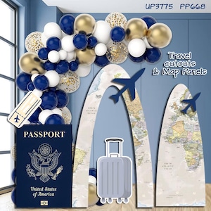 Party Panel decor, UV printed, coroplast cutouts party decorations: Travel Party Decorations, Passport cutouts, airplane travel HOLLOW ARCH