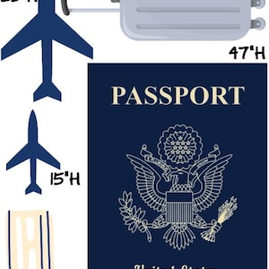 Party Panel decor, UV printed, coroplast cutouts party decorations: Travel Party Decorations, Passport cutouts, airplane travel Party Props