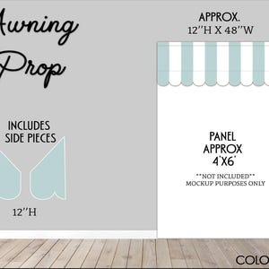 May include: An awning prop with teal and white stripes, approximately 12" high and 48" wide. The panel is approximately 4' x 6'. Includes side pieces, 12" high. The color is teal mint. Text reads "Awning Prop".