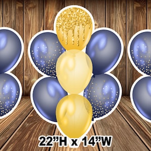Yard cards decor, Lawn Decor, UV printed, coroplast cutouts party decorations: Navy Blue, Gold Balloons, Yard Cards Decor