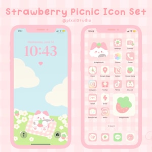 Cute Strawberry App Icon Set, Cottagecore Strawberry Icon Theme, Pink Kitty Cat Adorable Picnic iOS & Android Icons, Icon Theme Bundle