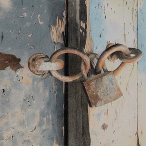 May include: A rusty padlock and chain are attached to a weathered wooden door. The door is painted in shades of blue and white, with peeling paint revealing the wood underneath.
