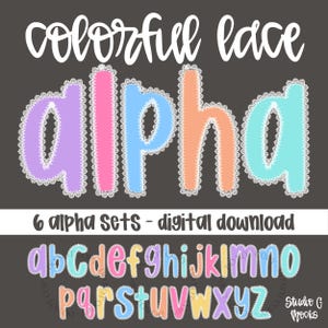 Alfabeto multicolor con encaje alfa, descarga digital PNG, alfabeto preppy, letras dibujadas a mano (Alfa de encaje colorido 25-003)