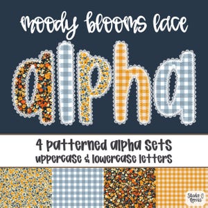 May include: A graphic design featuring the word "alpha" in uppercase letters, each with a unique pattern. The letters are outlined with white lace and set against a dark blue background. The image also includes the text "moody blooms lace" and "4 patterned alpha sets uppercase & lowercase letters."
