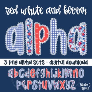 Patriotic Lace Alpha PNG digitale download, Fourth of July-alfabetset, rood wit en blauw gebloemd gingangalfabet (rood-witte bloei 25-013)