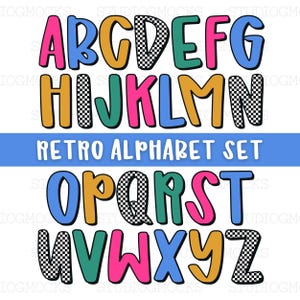 May include: A colorful retro alphabet set with letters in various colors, including pink, blue, green, and gold. Some letters feature a black and white checkered pattern. The words "RETRO ALPHABET SET" are in white on a blue banner.