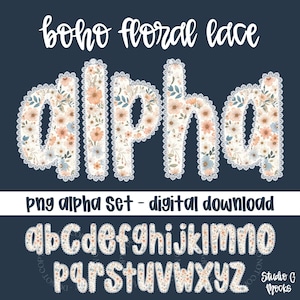 May include: A digital PNG alpha set with a boho floral lace design. The word "alpha" is displayed in large letters, each filled with a floral pattern and outlined with white lace. The full alphabet is shown below in a smaller font.