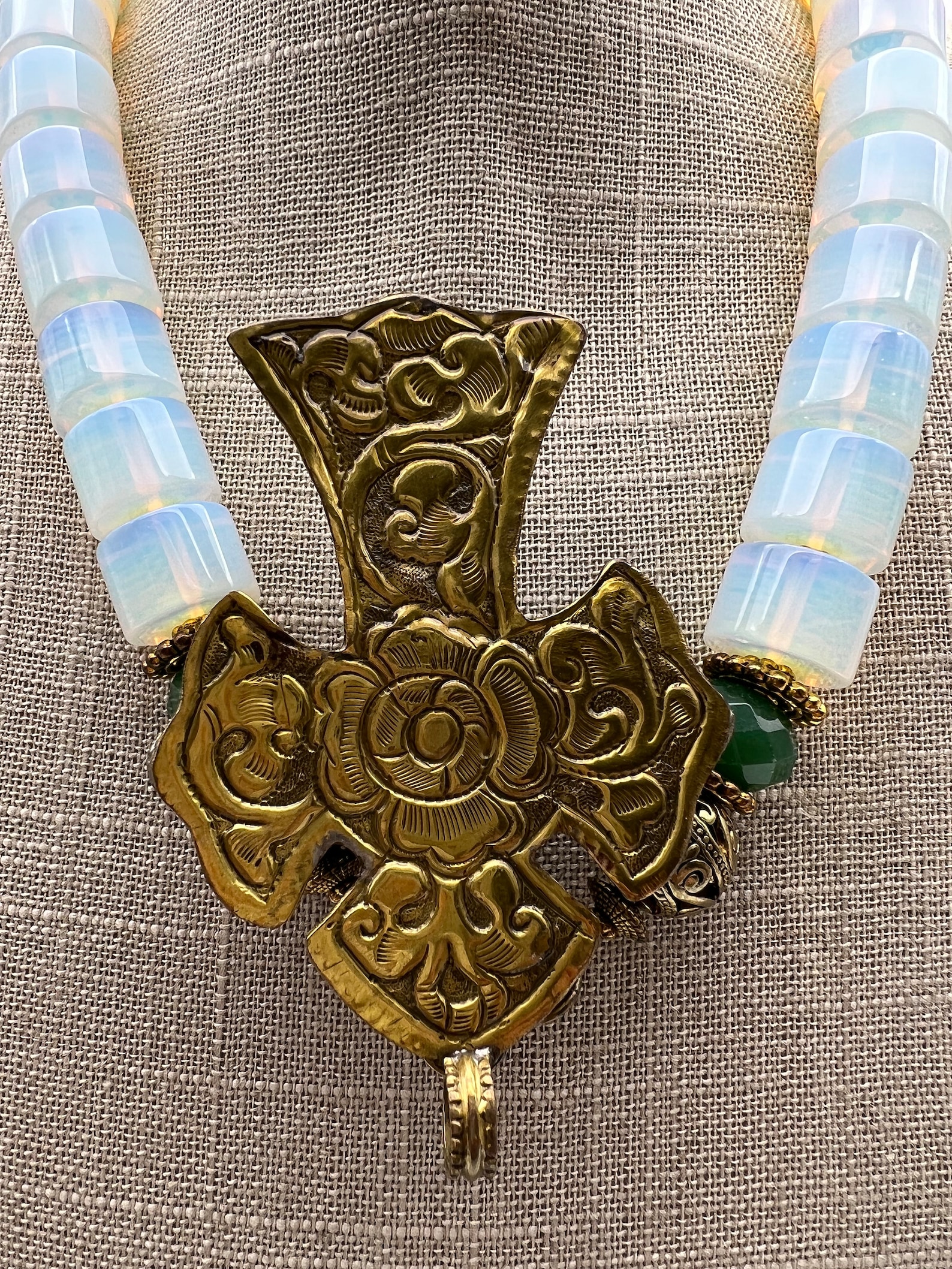 Repousse Brass Cross Necklace - Jade, Turquoise, and Opal - Etsy