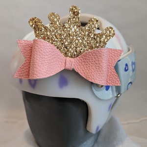 Gold crown and pink faux leather baby helmet bow