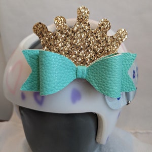Gold crown and  sea green faux leather baby helmet bow