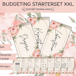 Könnte beinhalten: Ein Budget-Starterset mit dem Text "BUDGETING STARTERSET XXL" und "SOFORT DOWNLOAD". Das Set enthält Dashboards, Tracker und Spar-Challenges. Die Karten sind mit floralen Designs und den Wörtern "Drogerie", "Kosmetik" und "Lebenstraum" verziert.