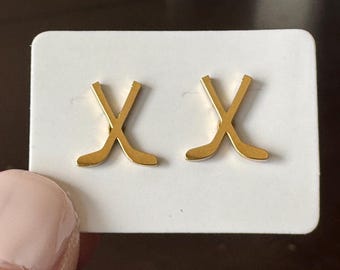 Hockey stick stud earrings, Ice hockey stud earrings, gold color