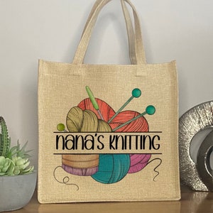 Personalised Knitting Bag, Mother’s Day Gift, Linen Jute Tote Bag For Mum, Personalised Grandma Knitting Bag, Nanny Tote Bag Birthday Gift